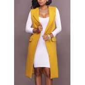 Fashion Turndown Collar Pocket Design Yellow Polye