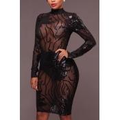 Sexy See-Through Gauze Patchwork Black Sequined Sh
