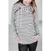 Leisure Long Sleeves Striped White Polyester Pullo