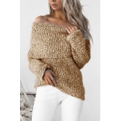 Knitting Bateau Neck Long Sleeve Regular Pullovers