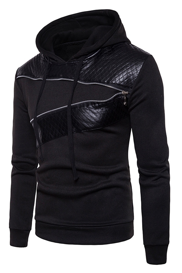 Casual Long Sleeves Patchwork Black Cotton Blends Hoodie for men