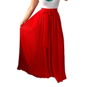 Trendy High Waist Red Polyester Pleated Skirts