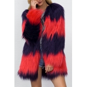 Euramerican Long Sleeves Patchwork Red Faux Fur Lo