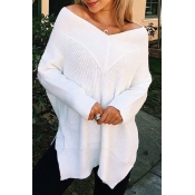 Leisure V Neck Long Sleeves Side Split White Cotto