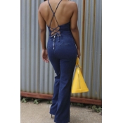 Sexy Backless Blue Denim One-piece Jumpsuits