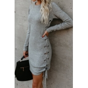Lovely Leisure Round Neck Lace-up Hollow-out Grey 