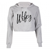 Leisure Letters Printed Grey Cotton Blends Hoodies