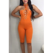 Sexy Hollow-out Orange Polyester One-piece Jumpsui