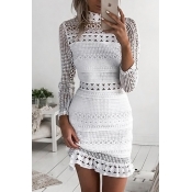 Trendy Round Neck Hollow-out White Lace Sheath Min