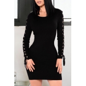 Trendy Round Neck Lace-up Hollow-out Black Cotton 