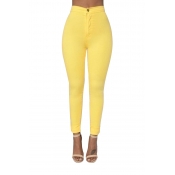 Stylish Mid Waist Yellow Cotton Blends Pants