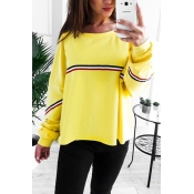 Leisure Round Neck Patchwork Yellow Polyester Pull