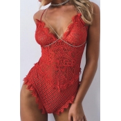 Sexy See-Through Red Lace One-piece Jumpsuits