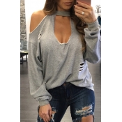 Sexy Round Neck Hollow-out Grey Cotton Shirts