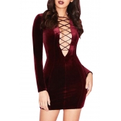 Sexy Deep V Neck Hollow-out Wine Red Velvet Sheath