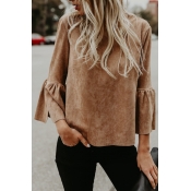 Lovely Fashionable Horn Sleeves Round Neck Khaki B