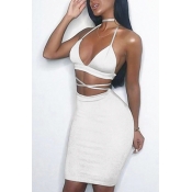 Sexy Backless Hollow-out White Cotton Two-piece Sk