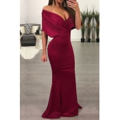 Sexy Deep V Neck Pleated Red Polyester Floor Lengt