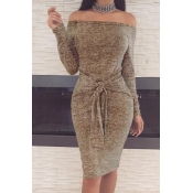 Casual Dew Shoulder Lace-up Khaki Polyester Sheath