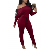 Euramerican Bateau Neck Lace-up Wine Red Polyester