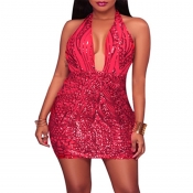 Sexy Deep V Neck Sequined Decorative Red Polyester
