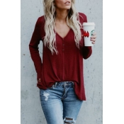 Lovely Trendy V Neck Button Decorative Wine Red Bl