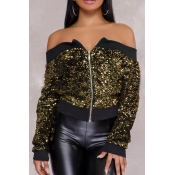 Sexy Bateau Neck Sequins Decoration Gold Polyester