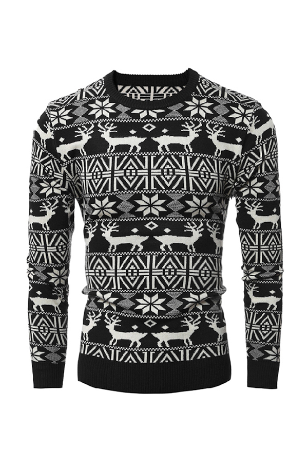 Casual Round Neck Long Sleeves Printed Black Cotton Blends Sweaters for men