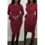 Sexy Round Neck Patchwork Wine Red Polyester Knee 