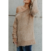 Lovely Casual Round Neck Long Sleeves Khaki Knitti