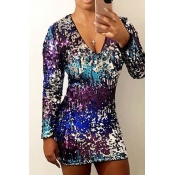 Sexy V Neck Gradient Sequined Decorative Polyester