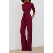 Chic Turtleneck Half Sleeves Wine Red Polyester On