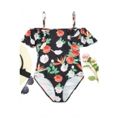 Sexy Floral Printed Black Polyester One-piece Swim