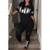 LovelyCasual V Neck Patchwork Letters Printed Blac