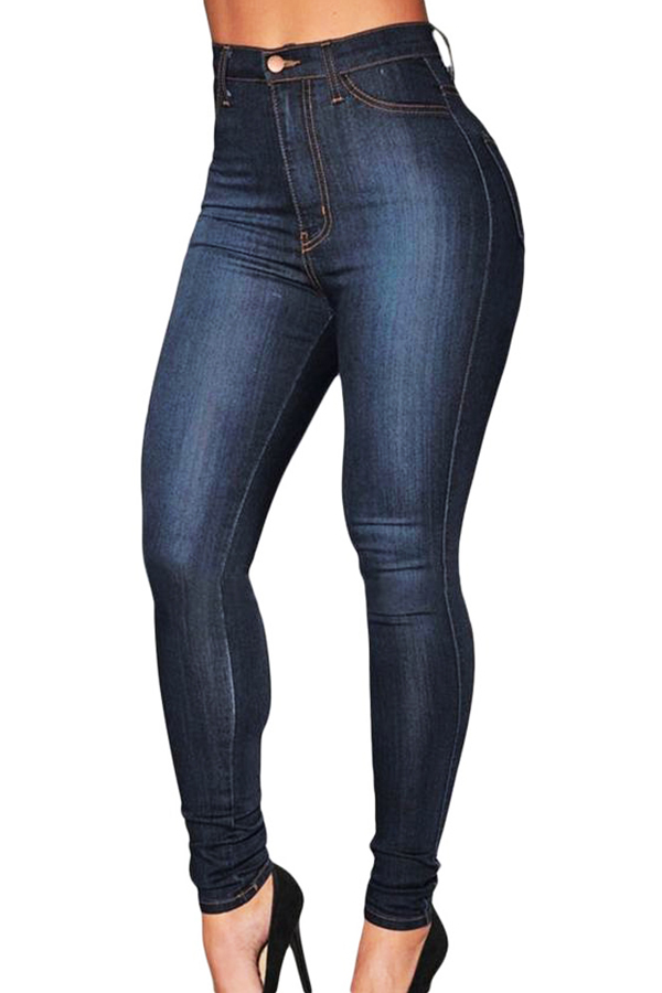 Lovely Fashion High Waist Deep Blue Denim Zipped Jeans