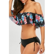 Lovely Sexy Bateau Neck Floral Printed Ruffle Blac