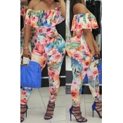 Lovely Sexy Bateau Neck Flounce Floral Printed Ora