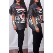 Lovely Casual Round Neck Characters Printed Black 