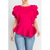 Lovely Pretty Round Neck Short Sleeves Flounce Red