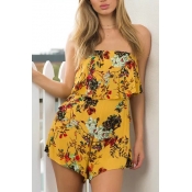 Lovely Sexy Bateau Neck Floral Printed Yellow Chif
