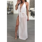 Lovely Sexy V Neck See-Through Lace-up Side Slit W