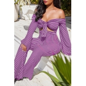 Lovely Sexy Bateau Neck Striped Purple Qmilch Two-