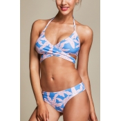 Lovely Stylish Lace-up Floral Printed Blue Spandex