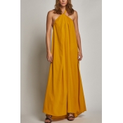 Lovely Bohemian Halter Neck Backless Yellow Rayon 