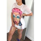 Lovely Chic Round Neck See-Through Cartoon Printed