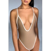 Lovely Fashion V Neck Coffee Nylon One-piece Swimw