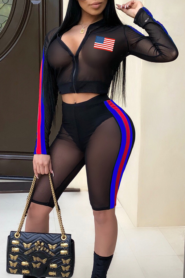 Lovely Fashion Round Neck Striped Black Polyester Two-piece Shorts Set