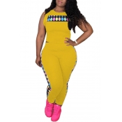 Lovely Yellow Polyester Pants Plaid O neck Sleevel