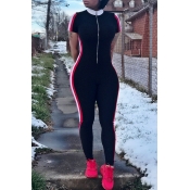 Lovely Casual Mandarin Collar Striped Black Polyes