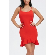 Lovely Casual U Neck Asymmetrical Ruffle Red Twill